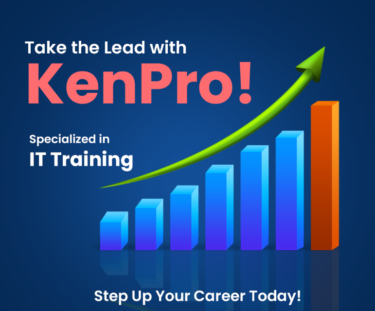 Promotional banner for KenPro IT Training featuring the text “Take the Lead with KenPro!” with a rising graph and upward arrow symbolizing career growth in IT training