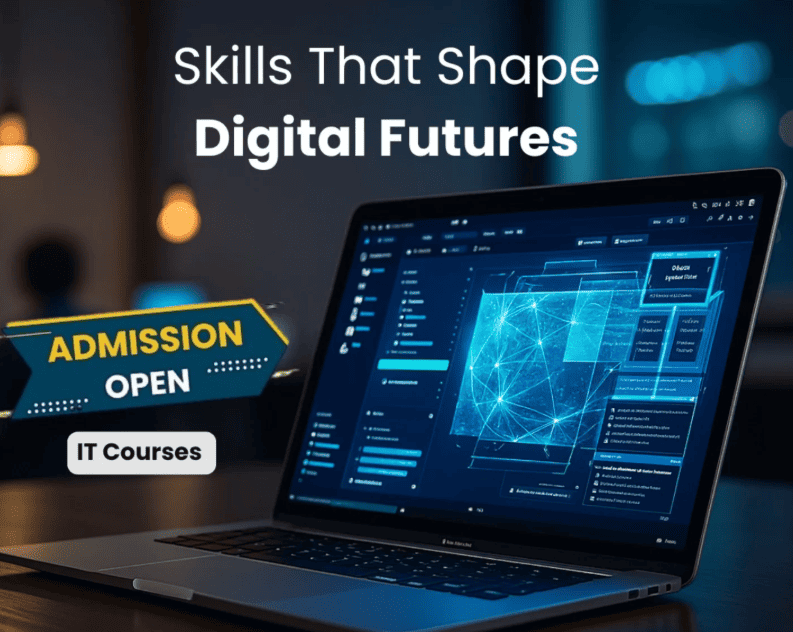 IT courses admission open banner featuring a laptop with digital technology interface and future-ready skills training.