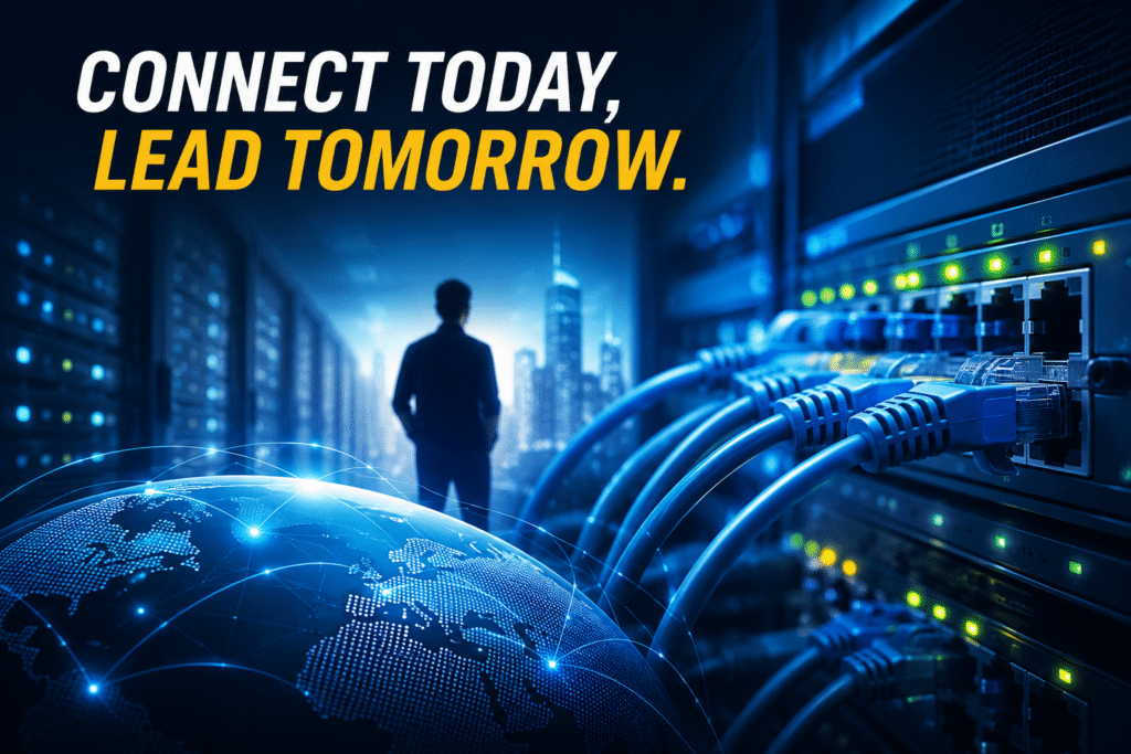 Networking course in Bangalore featuring servers, network cables, and digital connectivity representing A+, Network+, CCNA, CCNP, Cyber Security, Ethical Hacking, and Cloud Computing training.