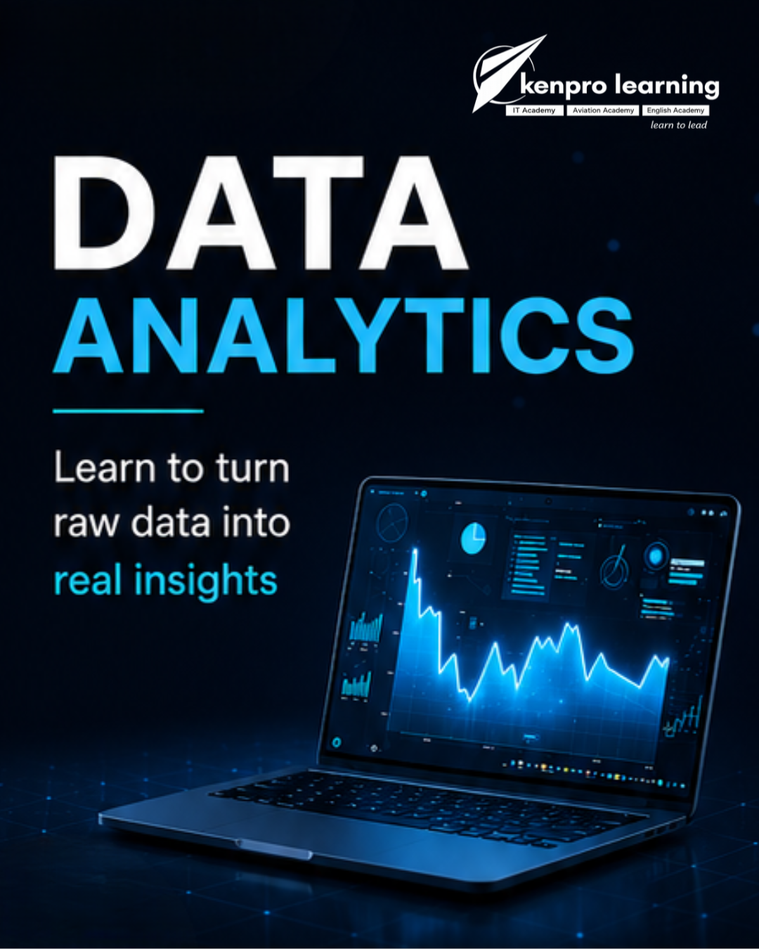 Laptop displaying data analytics dashboard promoting the Data Analytics Course at Kenpro Learning in Kalyan Nagar, Bangalore.